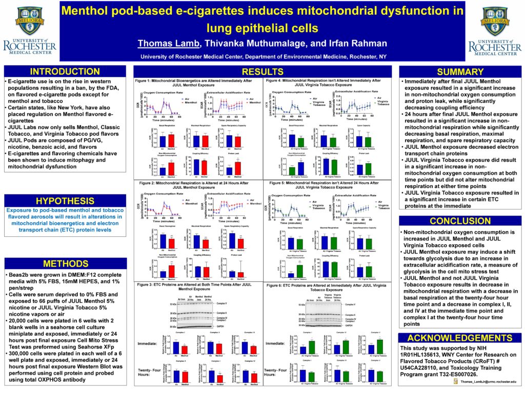 Menthol pod-based e-cigarettes induces mitochondrial dysfunction in lung epithelial cells Authors: Thomas Lamb, Thivanka Muthumalage, Irfan Rahman
